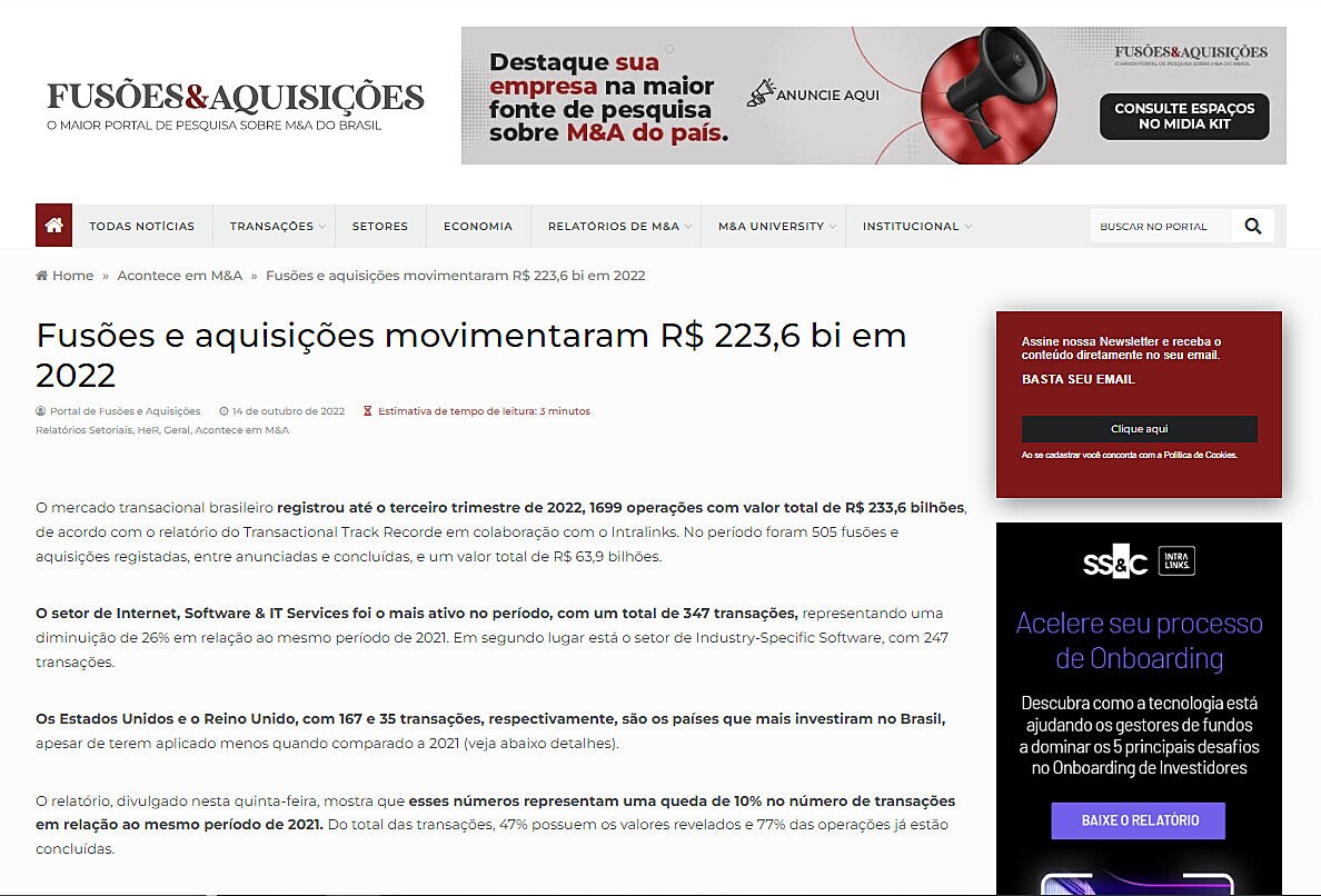 Fuses e aquisies movimentaram R$ 223,6 bi em 2022